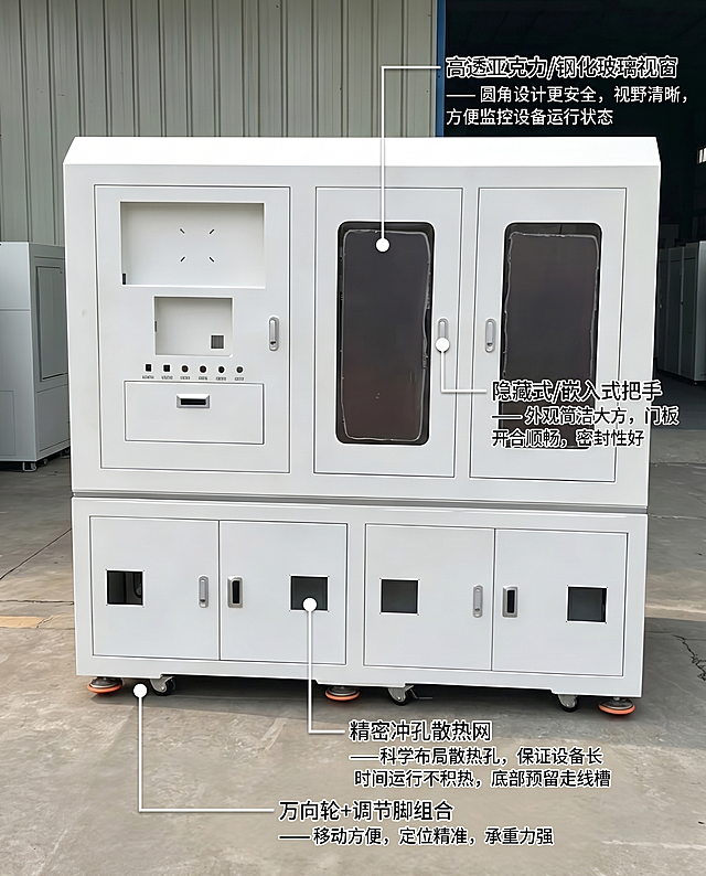 电商详情页产品细节展示板块，对图片中的四个细节进行拉线标注：1.观察视窗：椭圆形窗，标注文字“高透亚克力/钢化玻璃视窗 —— 圆角设计更安全，视野清晰，方便监控设备运行状态”。2.门板与把手：双开门，标注文字“隐藏式/嵌入式把手 —— 外观简洁大方，门板开合顺畅，密封性好”。3.散热与走线：下方网孔，标注文字“精密冲孔散热网 —— 科学布局散热孔，保证设备长时间运行不积热，底部预留走线槽”。4.底部结构：底部轮子，标注文字“万向轮+调节脚组合 —— 移动方便，定位精准，承重力强”。基于原图进行设计，保持产品清晰，标注清楚美观。