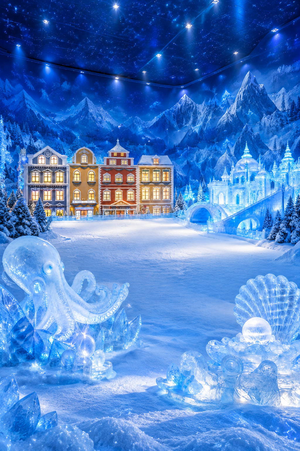 将这张横版冰雪乐园图改为竖版构图，画面中不要有人物，移除所有滑… - 图片创意预览