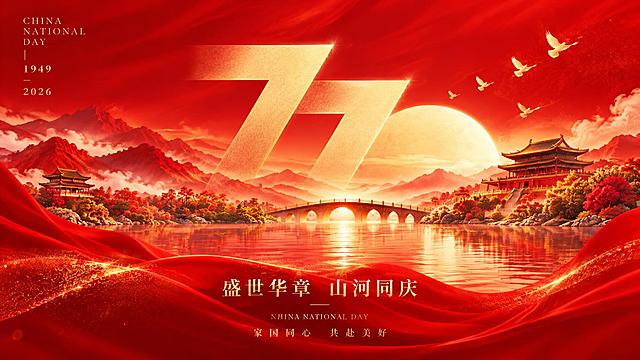 参考图片的红色喜庆风格，重新生成16:9横版画面，红金配色，大气恢弘的节日氛围，包含金色艺术数字、中式传统建筑、山水湖面、拱桥、红绸飘带、飞鸟元素，整体庄重喜庆
