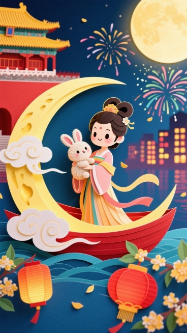可爱的嫦娥抱着兔子立于月亮船之上，周围有祥云，背景左侧为北京故宫，右侧为古今万家灯火，古今同框鲜明对比，前景点缀红灯笼，烟花与桂花，色彩层次丰富，Q版，纸雕艺术预览效果