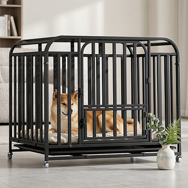 一张淘宝天猫风格的宠物用品场景图，主体是黑色金属狗笼，保持狗笼原结构不变。狗笼放置在轻奢客厅的浅灰色哑光地砖上，笼子里趴着一只慵懒开心的柴犬，旁侧摆放一个插着清新绿植的陶瓷花瓶，整体明亮通透，高级柔和光影，轮廓光勾勒黑色笼子，画面干净不暗沉，凸显狗笼主体，符合电商种草氛围