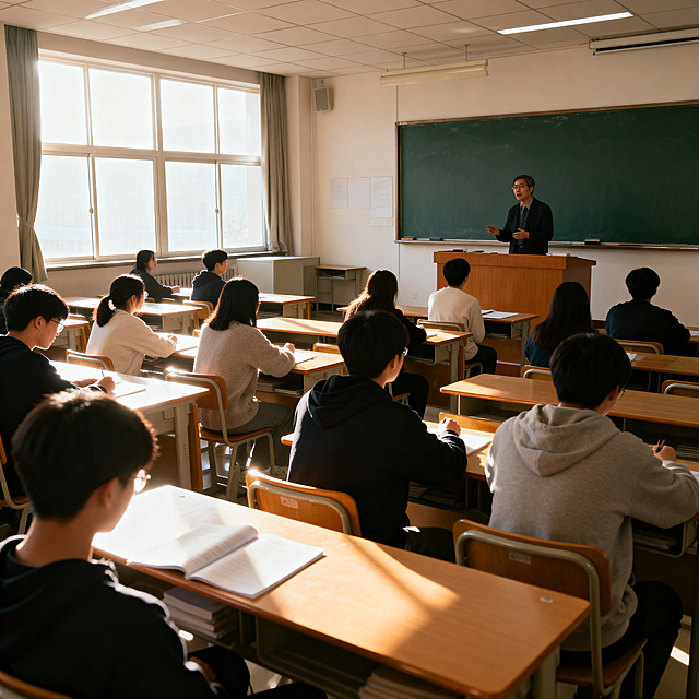 明亮安静的大学教室上课场景，阳光透过窗户洒进来，学生们坐在座位上认真听讲，讲台上老师正在讲课，教室内摆放着课桌椅和黑板，整体氛围宁静又充满学习气息，画面清晰自然，真实摄影风格