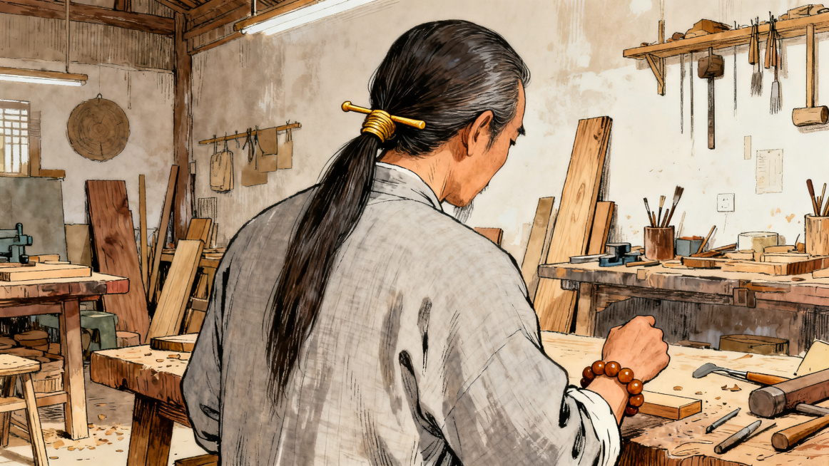 手绘插画，保持原人物形象不变：清瘦挺拔非遗木艺匠人，长发金丝楠发簪挽起，浅灰棉麻布衣，金丝楠手串，保持原工坊环境空间不变，匠人后视图，16:9构图预览效果