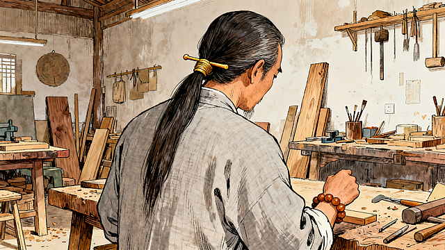 手绘插画，保持原人物形象不变：清瘦挺拔非遗木艺匠人，长发金丝楠发簪挽起，浅灰棉麻布衣，金丝楠手串，保持原工坊环境空间不变，匠人后视图，16:9构图