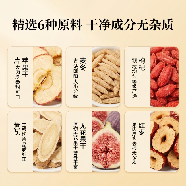 [主图 1]养生茶原料成分展示详情页主图
[氛围风格]简约高级风格，暖米白色柔和背景，从上到下由浅米白到暖黄渐变，柔和自然光，无硬阴影，整体画面干净高级，突出高品质无添加的安心感。
[画面元素]商业摄预览效果