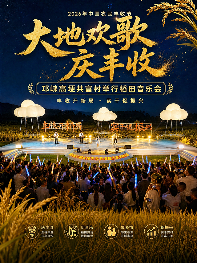 修改这张海报：1. 去掉底部的"主办单位：邛崃市人民政府"、"活动地点：邛崃市高埂街道共富村稻田音乐会现场"、"活动时间：2024年9月（丰收时节）"这一行文字；2. 去掉最底部的"庆丰收 感党恩 跟党走 共筑美好新生活"文字；3. 在海报最顶部（主标题上方的夜空区域）添加一行小字"2026年中国农民丰收节"，字体为简洁的金色或白色宋体/黑体，字号较小，居中排列，作为活动标识；4. 底部去掉文字后用稻田背景自然填充，保持画面完整和谐；5. 保留主标题"大地欢歌庆丰收"、副标题"邛崃高埂共富村举行稻田音乐会"、"丰收开新局·实干促振兴"以及四个图标模块全部不变；6. 整体风格、色调、构图保持一致，比例不变。