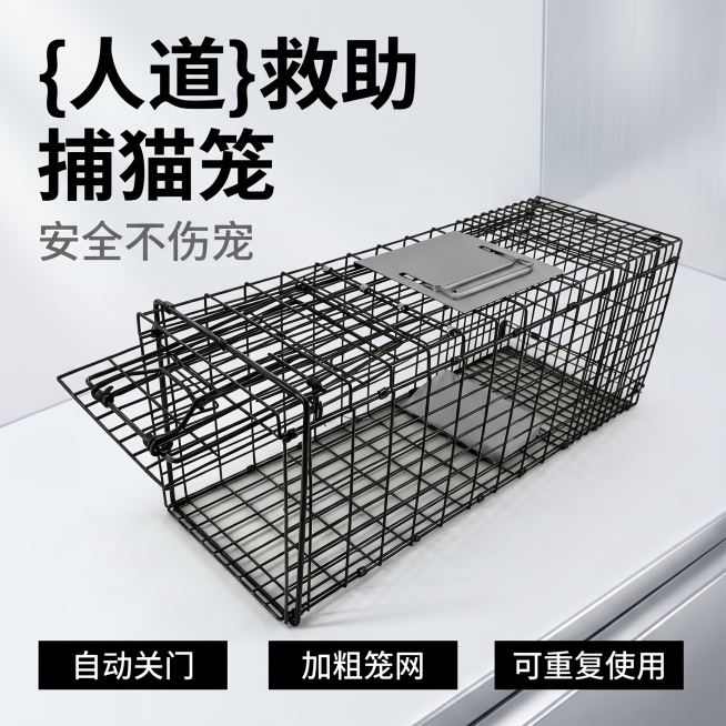 [主图-1]人道救助捕猫笼产品首图
[氛围风格]实用简洁家居工具风格，清晰干净，突出产品
[画质]商业摄影质感、光线柔和通透、产品清晰真实、画面干净高级
[元素]黑色人道救助捕猫笼居中放置，保持产品外预览效果