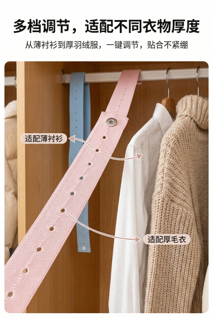 2:3 竖版电商详情图，严格还原上传的产品图，粉色绑带的按扣孔位特写，展示多档调节功能，背景为浅木色衣柜，旁边悬挂不同厚度的衣物（薄衬衫、厚毛衣），用箭头标注不同孔位适配的衣物厚度。主标题：“多档调节预览效果