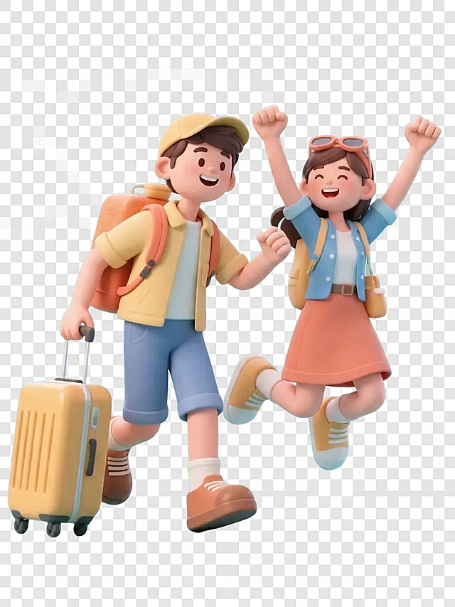 参考原图风格，重新生成旅行的年轻男女，保留行李元素，让人物更加有活力，输出png透明背景