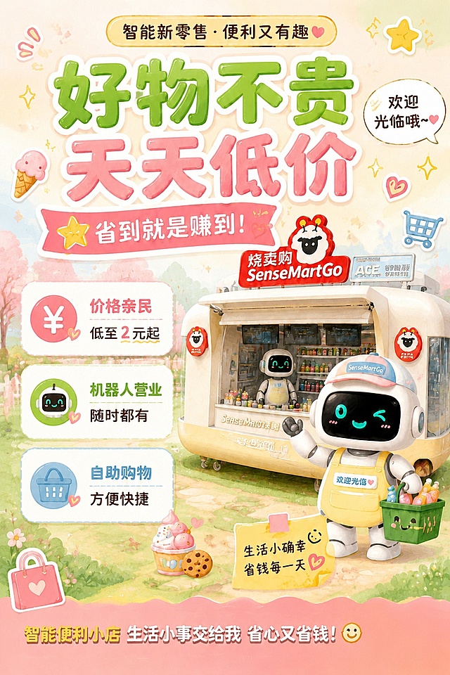 在保持原图整体风格、构图、配色、所有装饰元素和其他文字完全不变的前提下，做以下3处修改：
1. 删除右下角的绿色"二维码占位"方块，将该区域替换为与底部粉色波浪背景一致的自然背景，保持画面完整和谐，不留空白或占位痕迹
2. 将左侧第一个卖点卡片中的"低至1元起"改为"低至2元起"，数字"1"替换为"2"，字体、颜色、大小、位置与原文字完全一致
3. 将左侧第二个卖点卡片中的"24小时营业"改为"机器人营业"，同时将该卡片左侧的时钟图标替换为机器人头像图标（可爱风格，与整体画风一致），图标颜色保持绿色系，与卡片配色协调；下方小字"随时都有"保持不变

除以上3处修改外，画面中所有其他元素、文字、颜色、构图、装饰、背景、主体形象均严格保持原样，不得有任何改动。