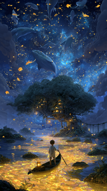 Wide-angle, low perspective shot of a magical night journey. From behind, we see a small child in ru预览效果