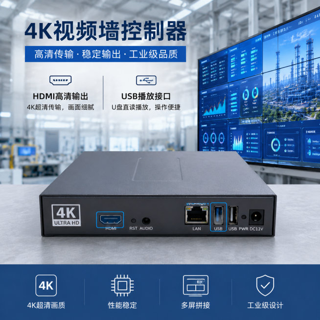 4K视频墙控制器，突出HDMI高清传输接口和USB播放接口，工业工厂背景，商务简约，适配爱采购平台，清晰展示接口细节预览效果