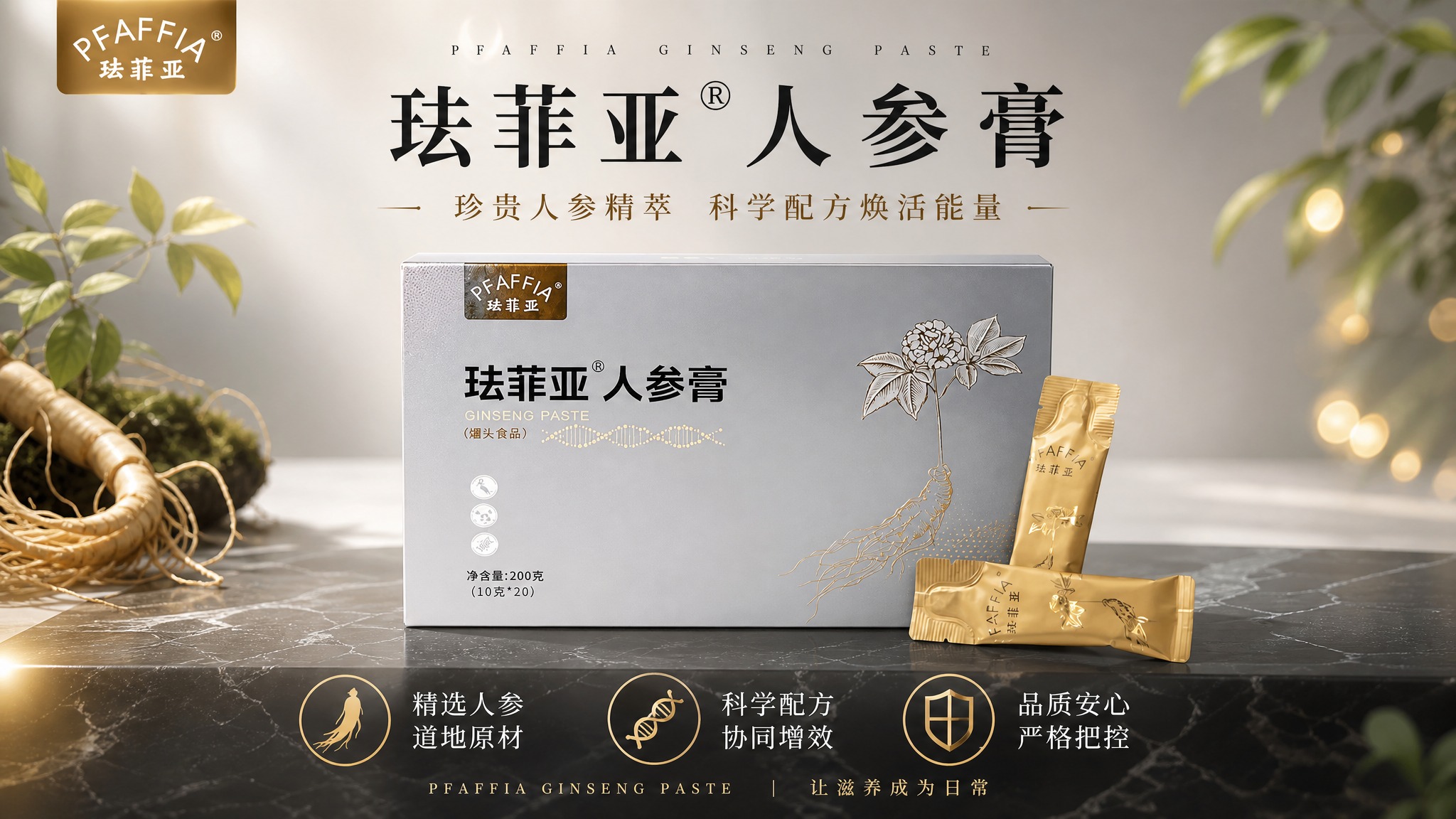 珐菲亚人参膏产品视频封面海报，16:9横版。高端滋补营养品商业… - 图片创意预览