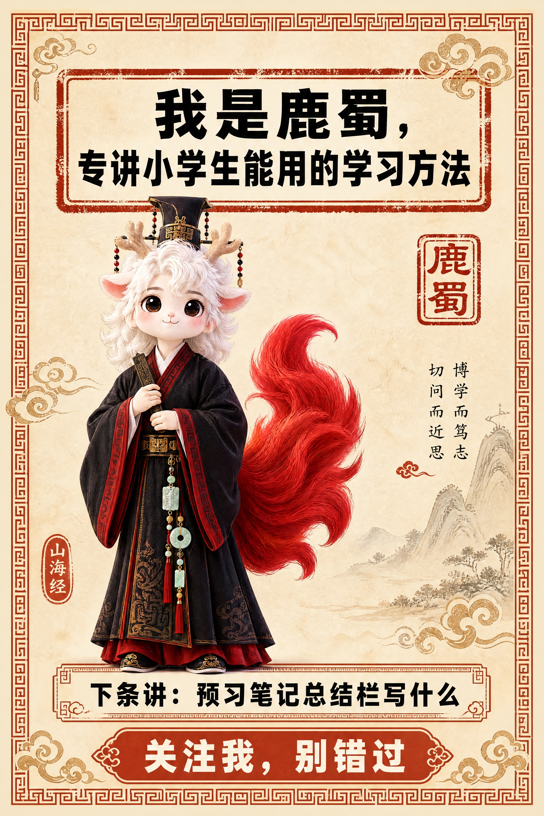 小红书笔记结尾页，统一模板，国风山海经风格，米黄色宣纸纹理背景… - 图片创意预览