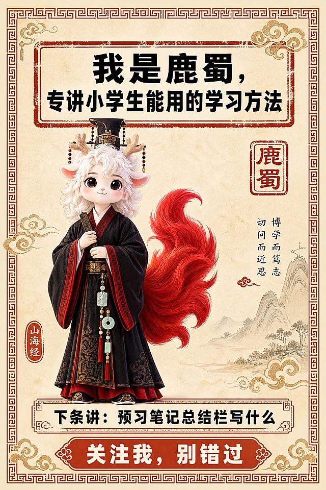 小红书笔记结尾页，统一模板，国风山海经风格，米黄色宣纸纹理背景、朱红色印章式标题框、回纹边框、祥云卷草纹边角装饰，整体典雅国风气韵。版式精美，小红书笔记封面质感。主标题逐字锁定：「我是鹿蜀，专讲小学生能用的学习方法」。主标题置于画面上方朱红色印章式框内，黑色粗黑体，字号醒目。中间配图：鹿蜀小神兽全身像（黑红金古装，手持竹简，红尾巴）抠图置于画面中央偏左，大小占画面约 50%，形象完整清晰。下方预告文字逐字锁定：「下条讲：预习笔记总结栏写什么」，置于回纹细线框内。最底部关注引导逐字锁定：「关注我，别错过」，朱红色底白字，醒目突出。装饰：四周加回纹细线边框；角落加祥云或卷草纹点缀；加少量国风印章元素。整体氛围：国风典雅、IP人设强化、引导关注。画质：高清细腻，信息层级清晰，文字与背景强对比，所有文字完整处于安全区内不可裁切，四周留安全边距。图生图：【图1】= 黑红古装鹿蜀小神兽全身像抠图，作为IP主体形象展示。画面比例 2:3，4K。