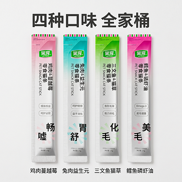 [主图-2] 四种口味核心卖点展示。
[氛围风格] 清新直观，拼多多风格，卖点清晰突出；
[画质] 商业摄影质感、光线柔和通透、产品清晰真实、画面干净高级。
[元素] 将四款不同包装的猫条均匀分布展示，每款对应展示各自口味名称和功能，保持猫条外观（物理结构、材质质感、颜色）与输入产品图绝对一致，杜绝任何变形和色差，精细化处理。商品主体占比约75%，画面干净满铺。
[光影] 均匀明亮的柔光，每个产品都清晰展示，没有生硬阴影。
[配色] 背景浅色干净，突出四款产品本身的包装色彩，整体搭配和谐。
[视角构图] 平视对称构图，四款产品整齐排列，一目了然，产品完整不裁切。
[文字版式] 顶部大字主文案写"四种口味 全家桶"，粗体醒目；每款猫条下方用小字标注对应口味：鸡肉蔓越莓、兔肉益生元、三文鱼猫草、鳕鱼磷虾油，文字颜色对比清晰，易读不遮挡产品。
[比例分辨率] 1:1 比例，2048px×2048px，2k 分辨率；文字清晰锐利，画面超高清。
[负向提示词] 变形，水印，文字错乱，产品图模糊，背景杂乱