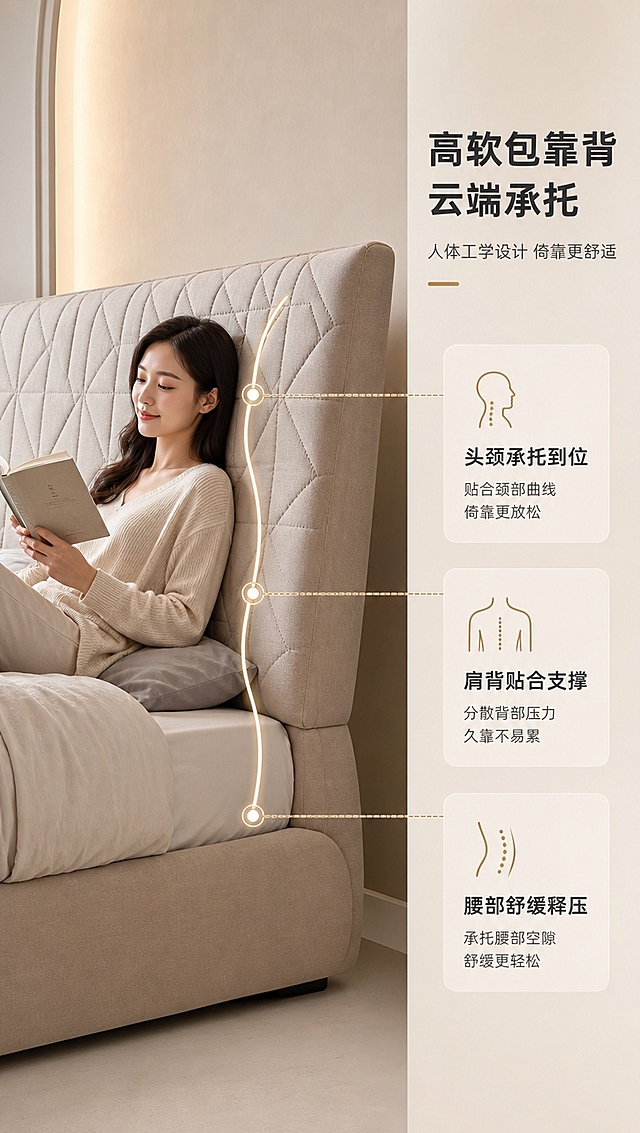[商品] 使用【图1】意式简约布艺软包箱体床；保留高软包床头方格绗缝造型、床体比例、浅卡其色调、布艺质感；商品处理：增强靠背填充饱满度与面料柔软质感，强化缝线细节，不改变结构与颜色。
[画面] 页面目标：深度说服高软包靠背人体工学承托卖点。右文左景构图，左侧约2/3为床体靠背特写+亚洲女性真人倚靠示范，右侧约1/3为卖点解析区。床体侧面微仰角度，重点展示床头靠背。女性模特半坐靠于床头，手持书本，姿态自然放松，体现睡前休闲倚靠场景。靠背上叠加3条人体承托弧线标注：头部、肩部、腰部，对应承托点位。
[视觉] 套系策略：风格=意式极简高级商业摄影，亮色调轻奢质感；标题字=现代无衬线粗体（思源黑体Heavy）；正文字=简洁无衬线体（思源黑体Regular）；主色=浅卡其米杏；背景延展=基于浅卡其做同色系深浅渐变、哑光墙面质感、柔光漫射；强调色=暖金铜色，仅用于小面积图标、引线、标签和装饰线条；标题色=深炭灰；正文色=中暖灰；组件=圆角浅底信息卡、细金线引线、极简icon；光影=左前侧暖柔光，突出靠背立体感与柔软度。
[文字] 右侧文案区：主标题「高软包靠背 云端承托」（8字），副标题「人体工学设计 倚靠更舒适」（12字），下方3个承托卖点竖排：「头颈承托到位」「肩背贴合支撑」「腰部舒缓释压」，每项配小图标。引线从文字指向靠背对应位置。文字横排，不遮挡模特与靠背主体。
[规格] 图片比例9:16竖版，4K分辨率，淘宝/天猫适配，中文简体，亚洲女性模特，避免变形、错字、文字过小、冷色调、床型失真、绝对化用语。