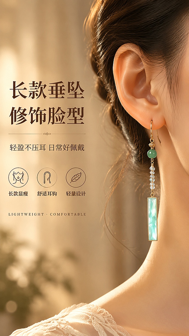 [第5屏] 佩戴效果页——耳部佩戴特写（不露人脸），展示修饰脸型效果。本屏使用【图1】中的绿玉髓款耳环作为佩戴展示款，保持耳环结构、材质、颜色与输入图一致。
[氛围/风格] 优雅复古氛围，暖调柔焦，商业摄影质感，高级感。
[元素布局] 画面右侧展示女性耳部侧面特写（仅耳朵+侧脸下颌线局部，不露完整人脸、不露眼睛），佩戴绿玉髓款长款耳环，耳环自然垂坠，展示长度与修饰效果；背景为暖棕色虚化的室内场景（窗帘/植物光影）；左侧留白放文案；耳环的绿色贝母坠与绿玉髓珠清晰可见。
[光影质感] 侧前方暖光柔照，耳部皮肤质感自然，耳环金属与宝石有柔和高光，整体光影温暖柔和。
[配色色系] 全局底色 #D4BFA8（暖棕米色）；主色暖金；辅助色墨绿、肤色；文字色深棕。
[视角构图] 侧面平视，右耳佩戴特写，左文右图，阅读动线左上标题→右侧佩戴效果。
[文字版式] 标题字形为优雅衬线体，左上位置。主标题「长款垂坠 修饰脸型」，副标题「轻盈不压耳 日常好佩戴」；下方3个小图标配短句「长款显瘦 / 舒适耳钩 / 轻量设计」；底部小号英文「LIGHTWEIGHT · COMFORTABLE」；文字不遮挡耳部与耳环。
[比例分辨率] 9:16竖版比例，4K分辨率，文字清晰可辨，高清画质。
[负向提示词] 完整人脸出现，露眼睛，耳环变形，颜色偏差，水印，文字错乱，产品模糊，皮肤过度磨皮。