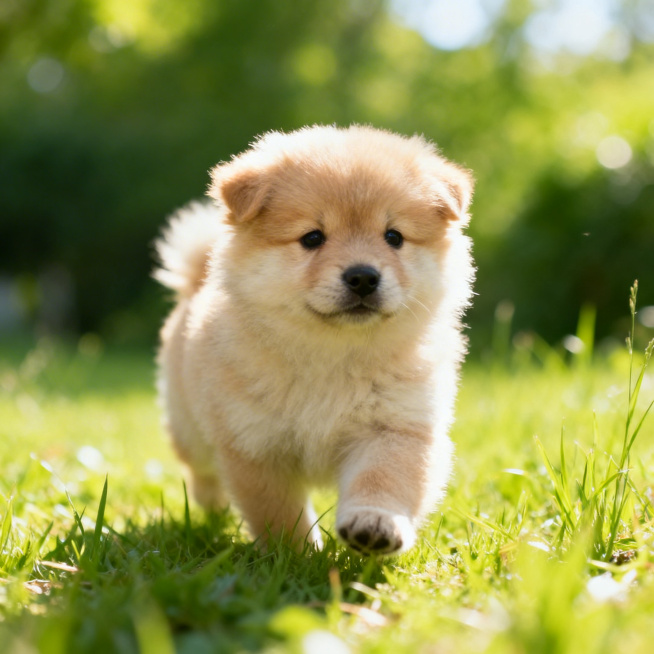 一只可爱的小狗，毛绒绒的，憨态可掬，阳光明媚的户外草地上，背景是清新自然的绿色环境，整体风格温馨治愈预览效果