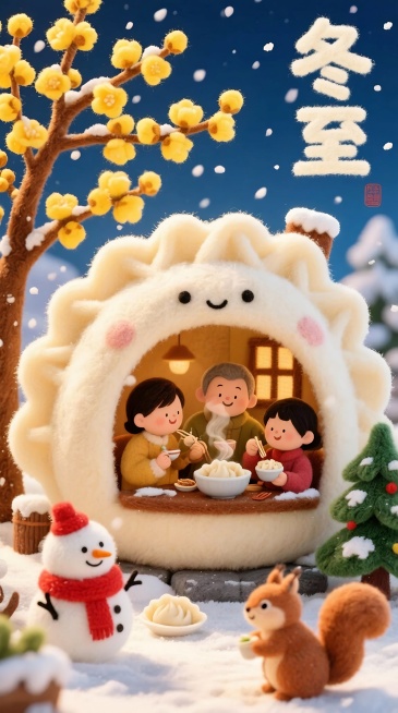 一个巨大毛绒绒饺子形状的卡通房子，房子内部是一家三口其乐融融的在吃着热气腾腾的饺子，房屋外面有棵盛开的黄色腊梅花，旁边有个围着红围巾的雪人，一个毛绒绒小松鼠和松树，天空中飘着雪花，整体细节丰富，色彩温预览效果