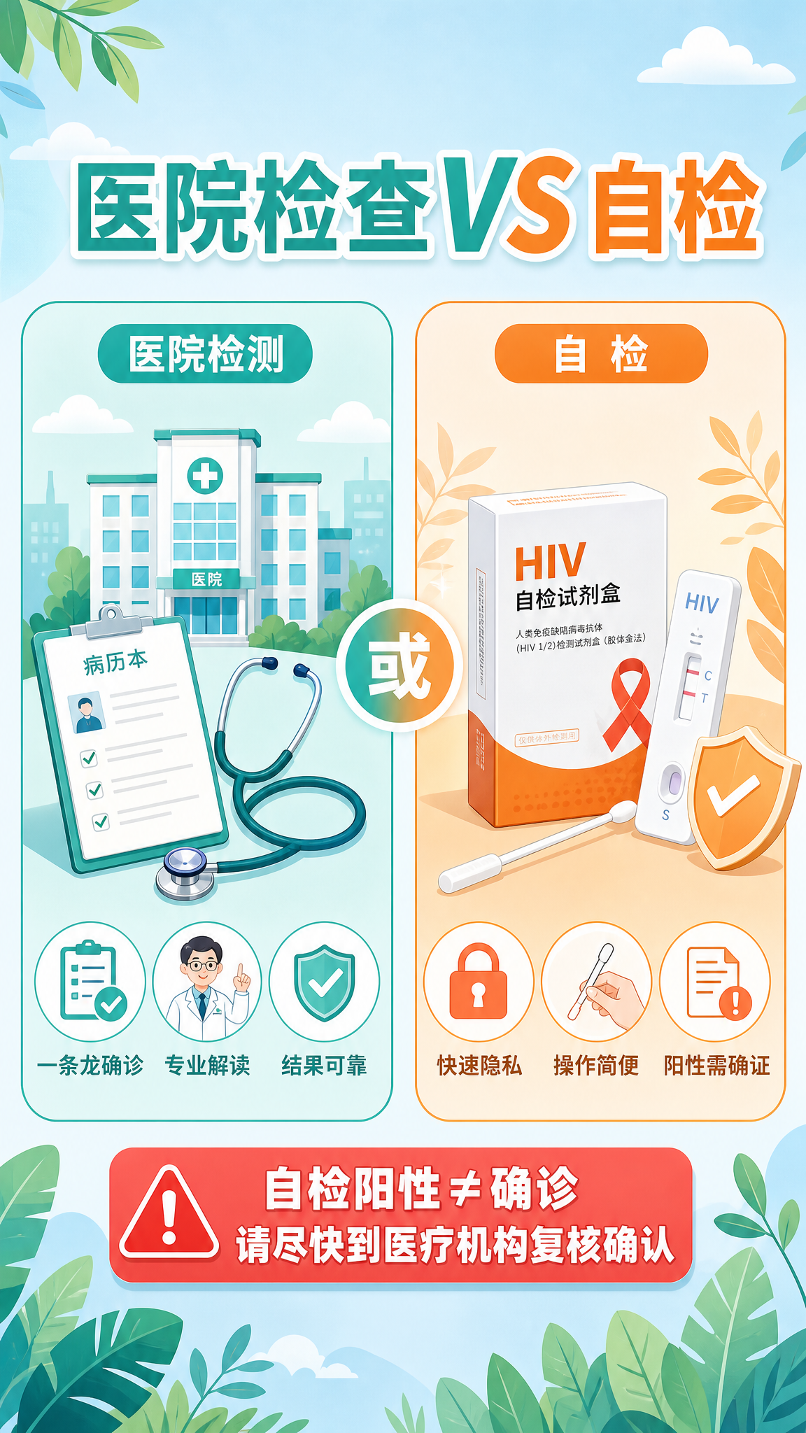 HIV科普海报，医院检查与自检对比主题，采用清新扁平插画风，与… - 图片创意预览