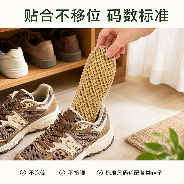 [主图-5] 使用体验场景展示图
[氛围风格] 真实日常穿鞋场景，自然代入感
[画质] 商业生活场景摄影，光线自然真实，产品清晰突出
[元素] 展示鞋垫放入日常运动鞋中的场景，一只手将鞋垫放进鞋内，展示码数标准贴合不乱跑，背景为整洁鞋柜一角，搭配一双日常穿的运动鞋，场景生活化不突兀，产品主体依然突出。保持鞋垫外观与输入图一致
[光影] 室内柔和自然光，自然真实，接近日常家庭使用光线，不生硬
[配色] 浅木色鞋柜背景，棕色鞋子，绿色点缀文字，自然温馨色彩
[视角构图] 平视偏俯视角度，聚焦放入鞋垫的动作，场景层次分明，产品清晰
[文字版式] 顶部标题"贴合不移位 码数标准"，底部文字说明「不跑偏 不挤脚 标准尺码适配各类鞋子」，文字位于上下留白区域，不遮挡核心动作和产品
[比例分辨率] 1:1比例，4K分辨率，文字清晰可辨，超高清
[负向提示词] 变形，水印，文字错乱，场景杂乱，产品模糊