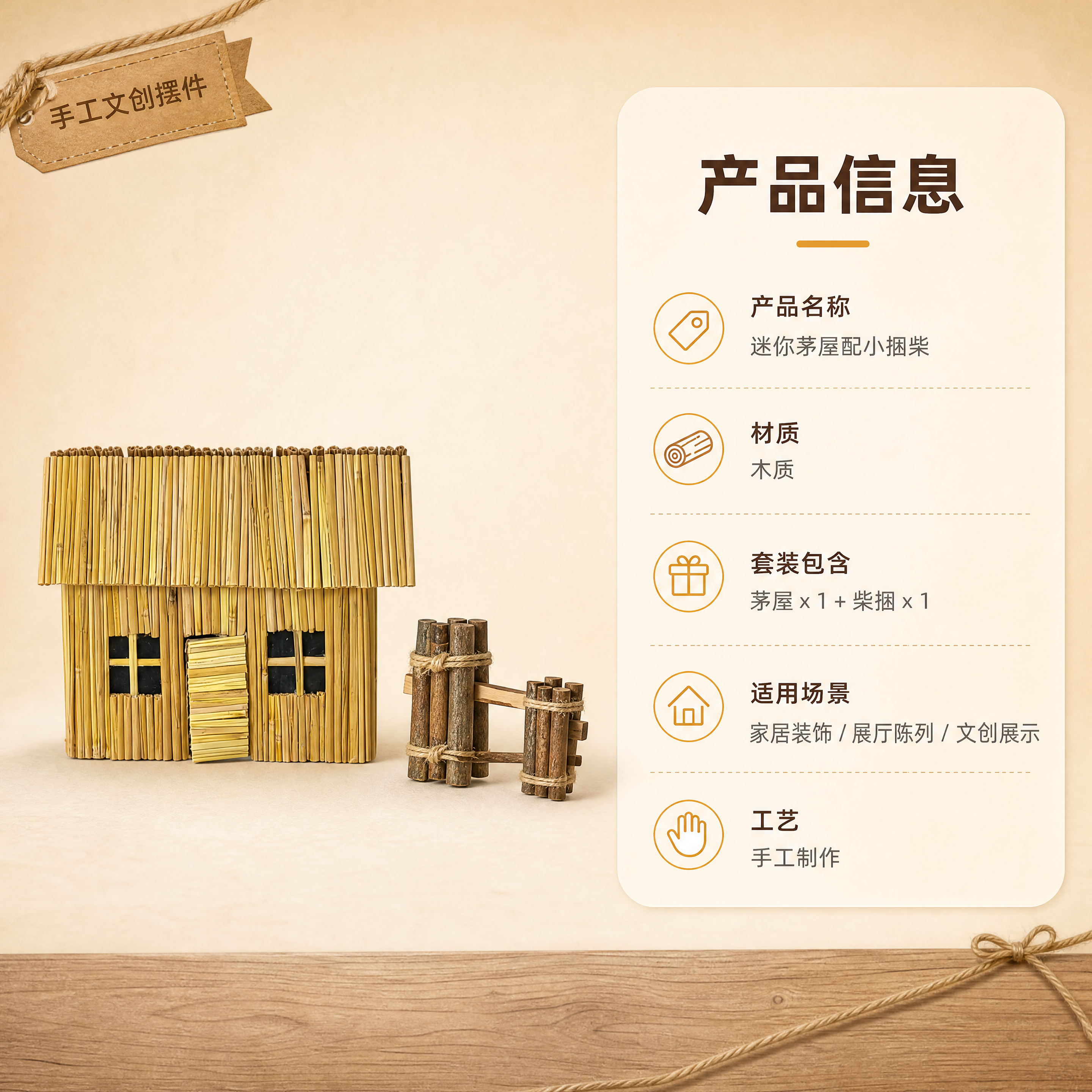 [商品] 使用【图1】迷你茅屋配小捆柴文创摆件正面标准照；保留… - 图片创意预览