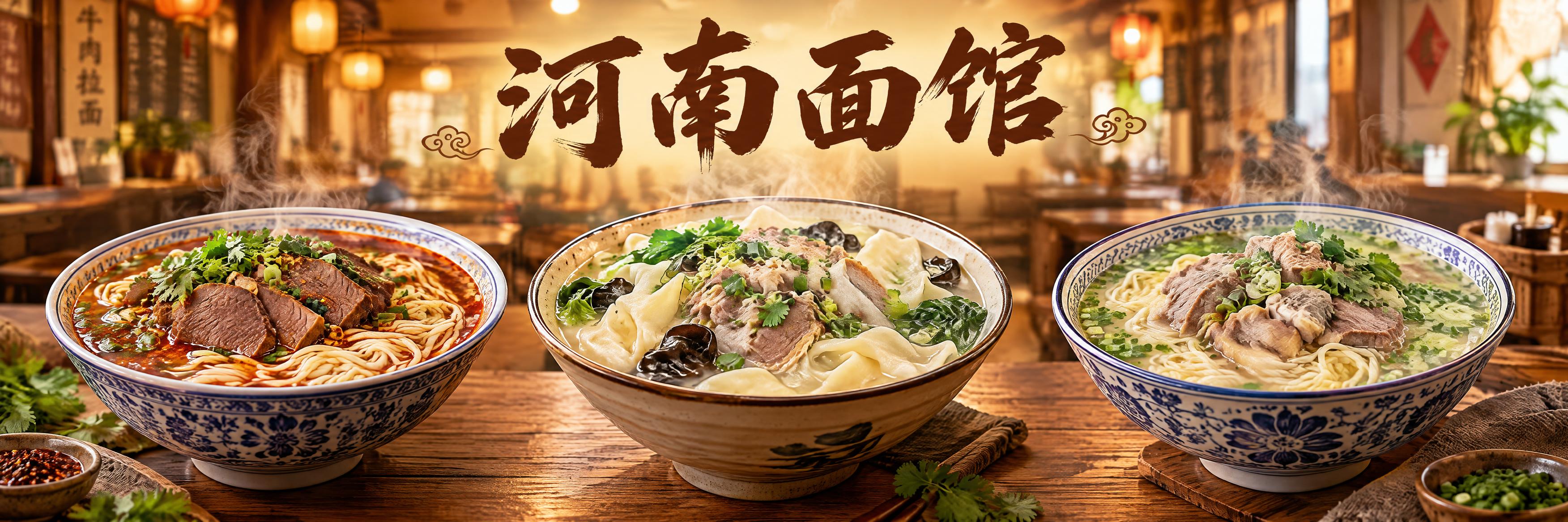 写实商业摄影风格，河南面馆超宽横幅海报设计。极宽横版构图。画面… - 图片创意预览