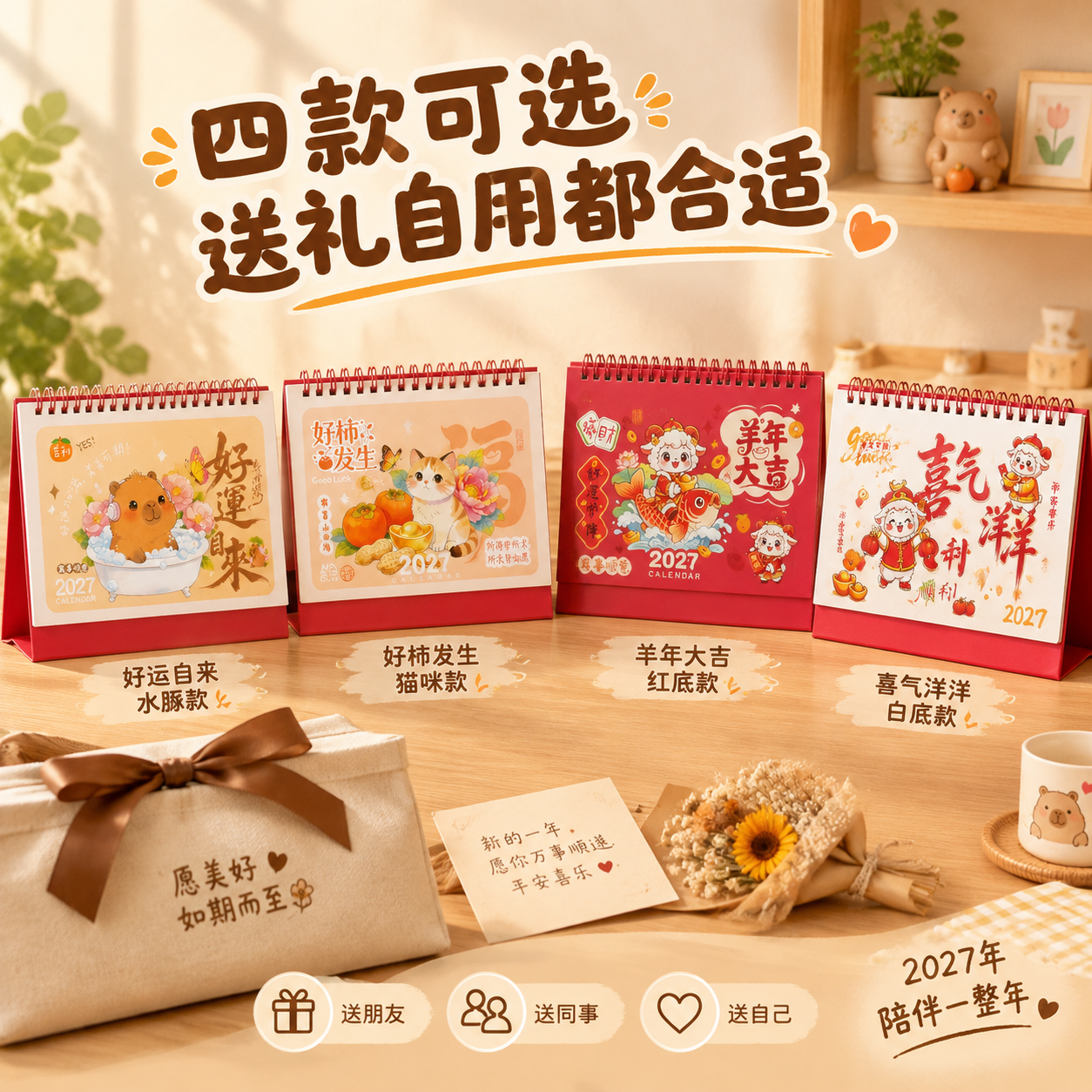 [主图-6] 多款式展示与送礼价值，四款台历温馨陈列展示，说明… - 图片创意预览