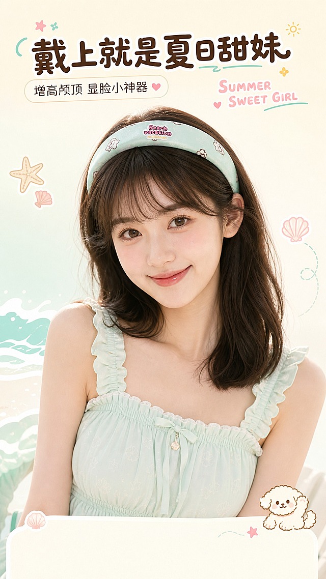 miiiiichan薄荷绿满印小狗Beach Vacation宽发箍竖版详情页第5张-主模特展示页。年轻亚洲甜美女生正面佩戴发箍的半身特写，女生有齐肩或中长发，妆容清新自然，穿着薄荷绿或白色系甜美连衣裙或上衣，表情温柔治愈。背景是柔和的奶白色渐变，有淡淡的海滩度假元素点缀（海星、贝壳、海浪插画）。发箍是画面视觉焦点，清晰展示佩戴效果和增高颅顶效果。下方留白放文案。套系策略：风格=软萌治愈系miiiiichan海滩度假风 清新童趣；标题字=圆润可爱童趣字体；正文字=简洁圆润无衬线体；主色=奶白色+薄荷绿+蜜桃粉；背景延展=基于奶白和薄荷绿蜜桃粉做深浅层级 同色渐变 海滩度假元素；强调色=蜜桃粉 仅用于小面积图标引线标签；标题色=深棕色；正文色=暖灰色；组件=圆角浅底信息卡 细线引线 可爱图标；光影=柔和自然光 治愈系暖调。文字：主标题「戴上就是夏日甜妹」，副标题「增高颅顶 显脸小神器」，英文装饰「SUMMER SWEET GIRL」。文字横排，不遮挡人物面部和发箍。比例9:16，2K，避免变形错字文字过小 产品颜色改变 水印平台logo。