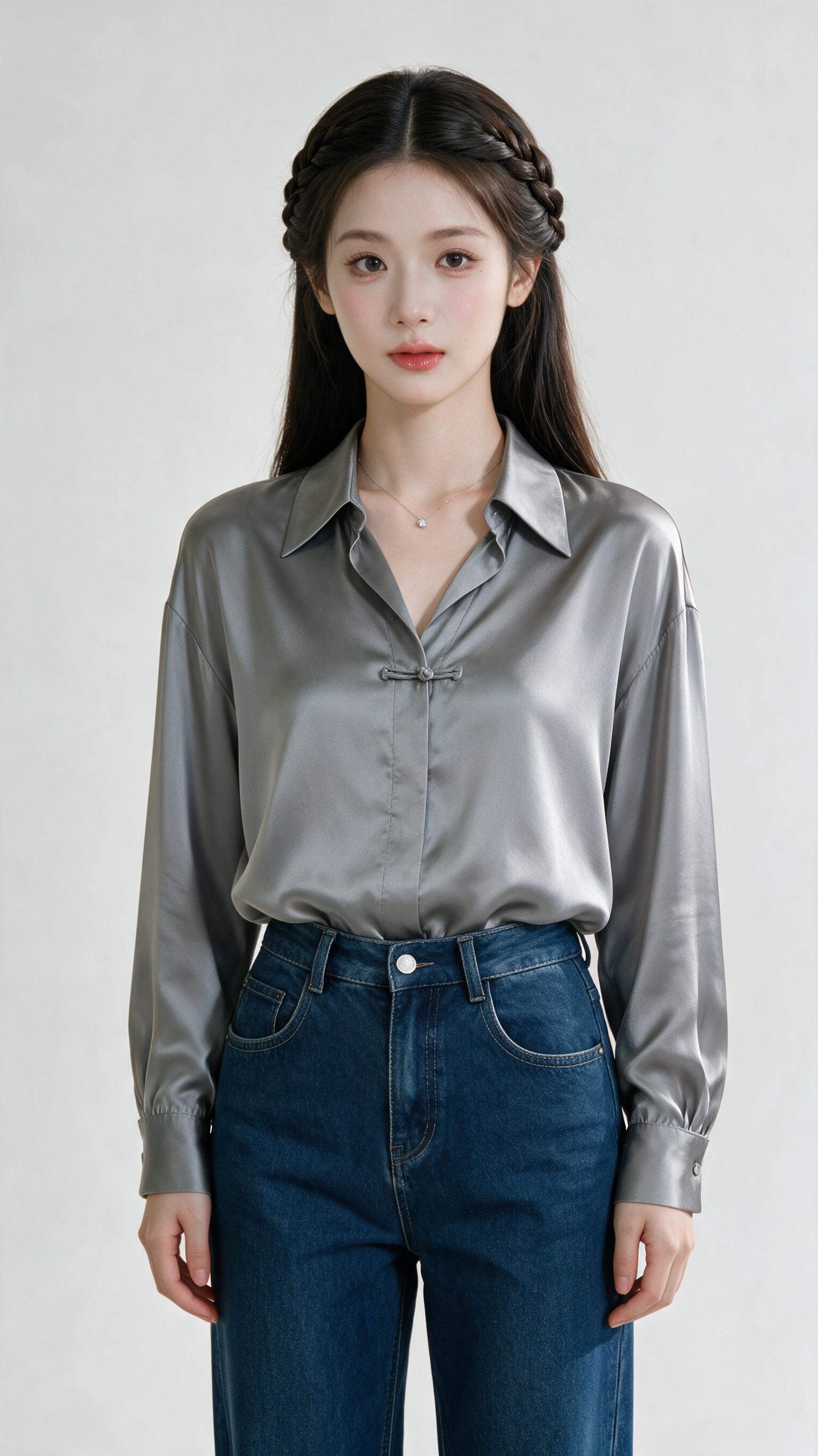 参考图中女主的五官和形象，她穿一件雾灰色缎面长袖衬衫，面料自带… - 图片创意预览