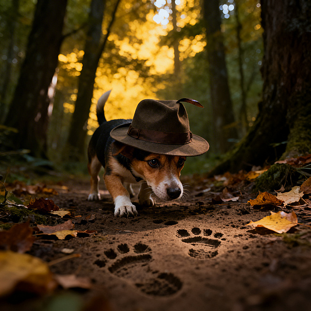 童话故事风格，戴着侦探帽的小狗在森林里追踪线索，地上有脚印和落叶，画面充满悬疑感