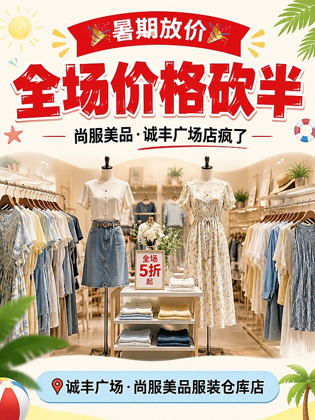 [第1屏] 公众号推文头图-尚服美品诚丰广场店暑期促销宣传。
[标题版式] 活泼促销风格，大标题居中，主标题加粗彩色，副标题细字深色，顶部彩色角标装饰，底部信息条点缀，留白舒适。
[氛围/风格] 热闹活泼促销氛围，明亮清新夏日风格，商业设计质感。
[元素布局] 主标题占据上方1/3区域，中部放置时尚服装陈列场景，底部放置店铺地址信息。整体构图居中稳定，视觉冲击力强，主体清晰突出。
[光影质感] 顶部柔光，场景自然光影，明暗层次分明，整体画面明亮通透。
[配色色系] 全局底色 #fef9f3，主色正红色，辅助色浅黄色、浅蓝色。
[视角构图] 正面居中构图，产品场景为视觉中心，阅读从上到下流畅自然。
[文字版式] 顶部红色角标"🎉暑期放价🎉"，主标题大字号红色加粗"全场价格砍半"，副标题中字号黑色"尚服美品·诚丰广场店疯了"，底部信息条浅蓝色背景，文字"📍诚丰广场·尚服美品服装仓库店"。所有文字清晰不遮挡主体，层级分明。
[比例分辨率] 3:4竖版比例，4K分辨率，文字清晰可辨，高清画质。
[负向提示词] 文字错乱，文字过小，水印，颜色偏差，背景杂乱，变形。