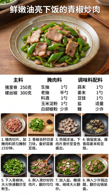 美食青椒炒肉的制作图文图，包含主料、腌肉料、调味料配料表和完整8步制作步骤，字体清晰，排版工整，没有乱码，成品是一盘装盘好的鲜嫩油亮下饭的青椒炒肉实拍图预览效果