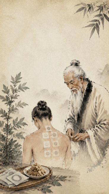 纯场景图，无任何文字，中式水墨风格，完成贴敷后，顾客背部整齐贴好三伏贴，老中医在旁整理工具，竹盘摆放 unused 三伏贴和艾绒，整体背景为浅米色宣纸纹理，点缀水墨艾草枝叶，保持古朴素雅的水墨老中医风预览效果