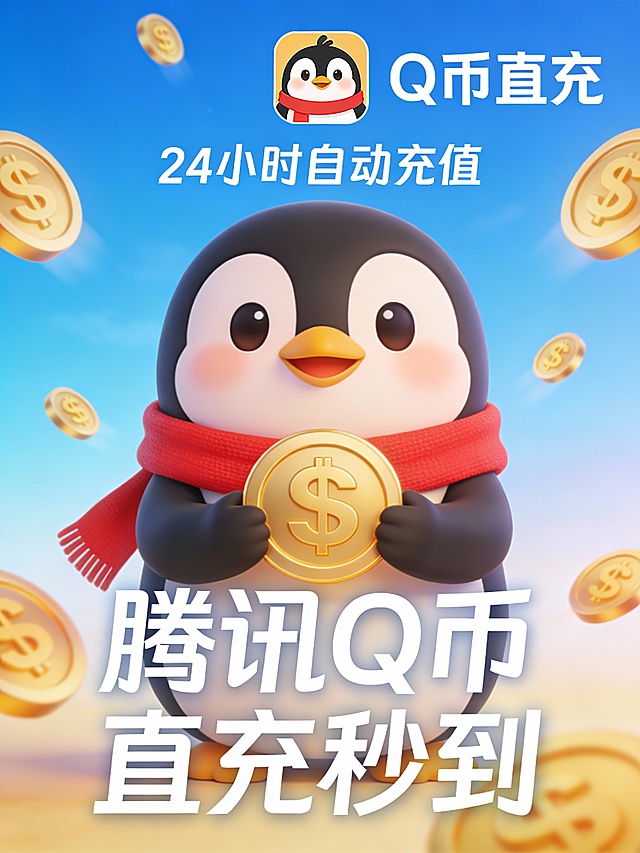 一只卡通风格的企鹅形象，身穿红色围巾，双手捧着金色圆形符号，周围有多个同款符号在空中飘浮，背景为明亮的蓝色渐变天空，整体画面简洁活泼，充满动感与趣味性，突出轻松愉快的氛围。图片右上角有“Q币直充”企鹅头像正上方“24小时自动充值”图片正下方“腾讯Q币 直充秒到”