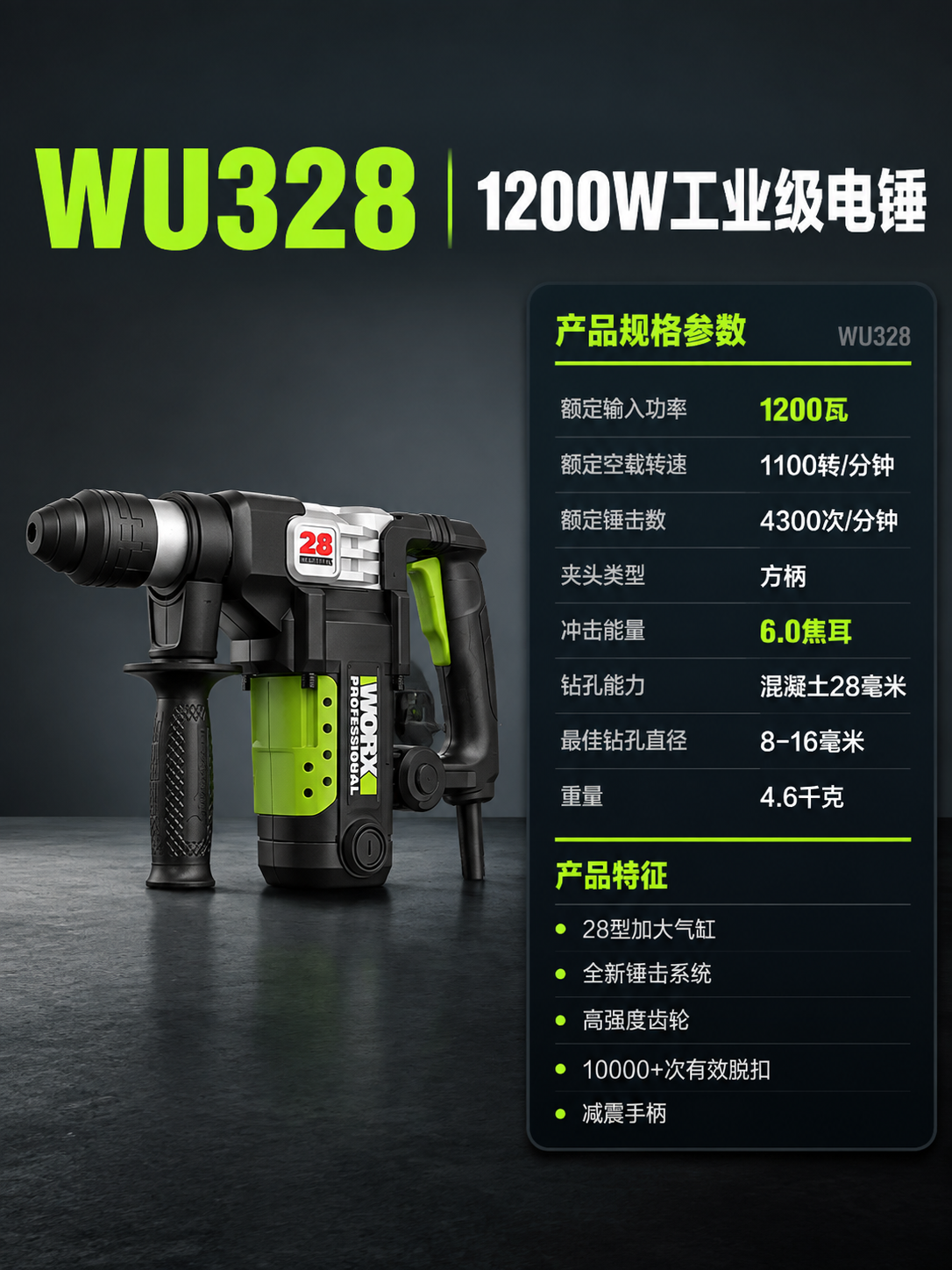 [商品] 使用【图1】威克士WU328 1200W工业级电锤；… - 图片创意预览