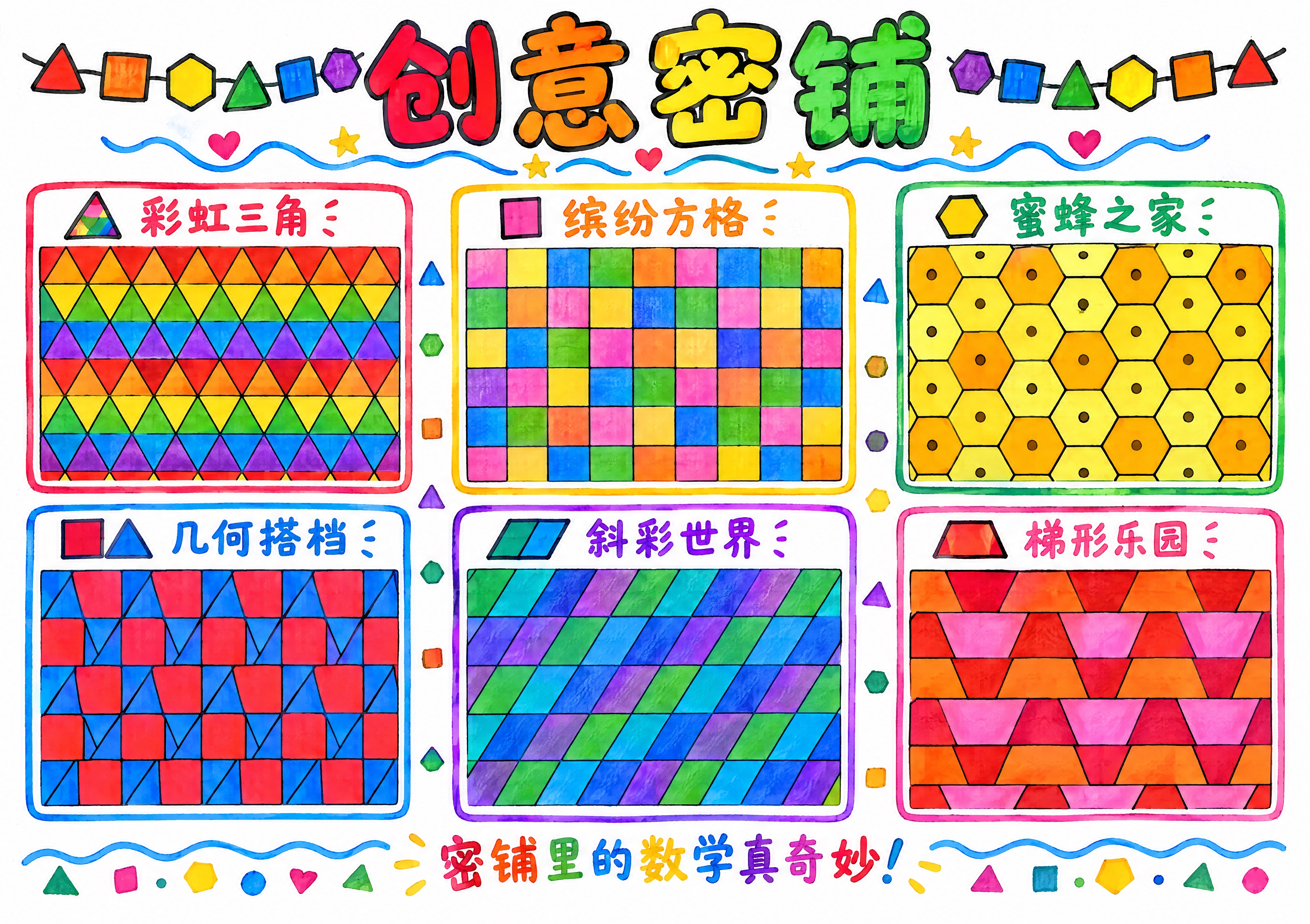 A4横版手抄报，标题为"创意密铺"，纯白色背景，白纸马克笔真实… - 图片创意预览