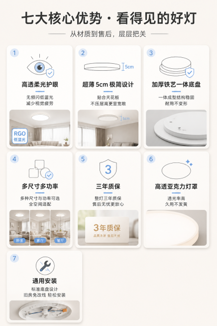 七大核心优势・看得见的好灯，从材质到售后，层层把关。2:3竖版，七宫格均分布局，每格对应一个卖点模块，上半区为简约线条风图标+标题，下半区为文字+场景小图。图标圆润利落，配色以奶白+浅灰为主，点缀浅蓝预览效果
