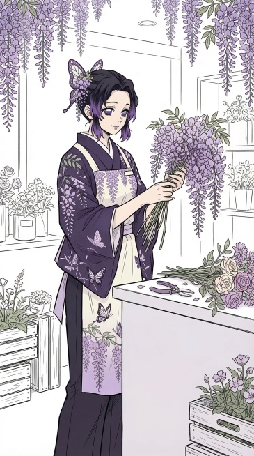 保持原稿日系漫画线稿上色风格，生成蝴蝶忍形象的花店服务员，更换为全新服装和不同动作，加入紫藤花元素，使用简洁线稿背景，保留花店服务员设定预览效果