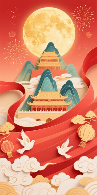 中国风国庆主题竖版非遗纸雕海报，红色渐变背景，中央高悬金黄大圆月，远处传统宫殿剪影与层叠山峦纸雕，两侧及月亮周围点缀绽放烟花，红色绸缎飘逸贯穿画面，下方聚集国庆元素素材如灯笼、祥云、和平鸽的简化纸雕造预览效果