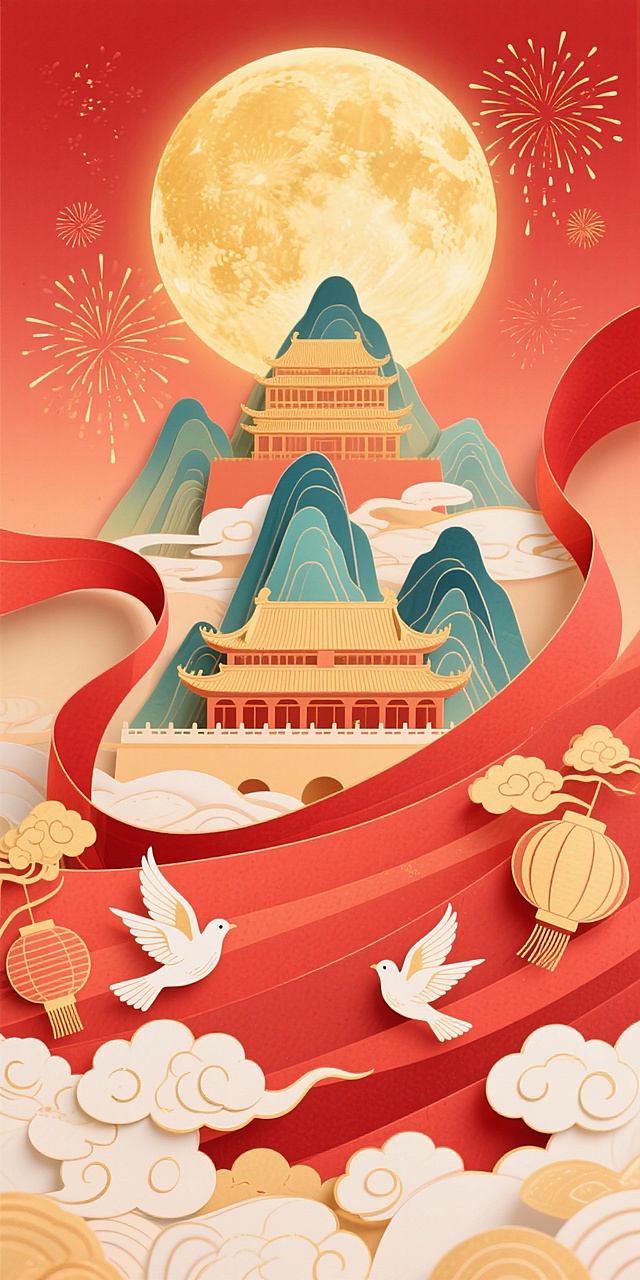 中国风国庆主题海报，非遗纸雕.