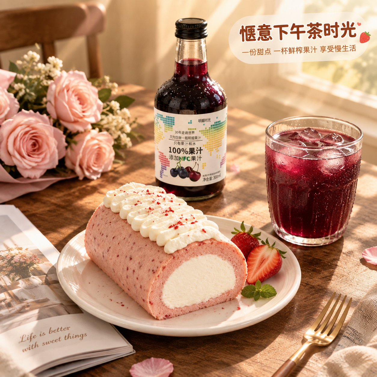[主图-4] 下午茶场景图，蛋糕卷+果汁组合的生活方式展示。… - 图片创意预览