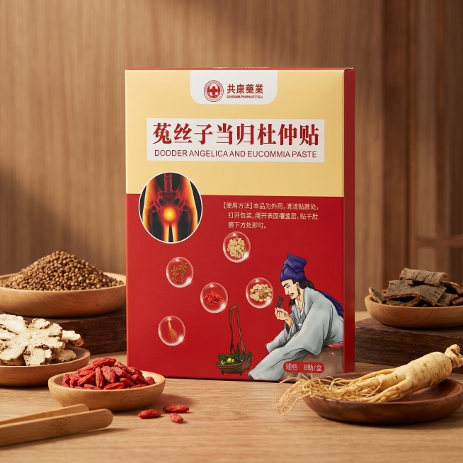 共康药业菟丝子当归杜仲贴药盒电商产品主图，800x800正方形，3D立体展示，药盒放置在简约中式木质桌面上，搭配菟丝子、当归、杜仲、枸杞、人参中药材作为点缀，暖光氛围，高级感，中国风，高清8K，商业摄预览效果