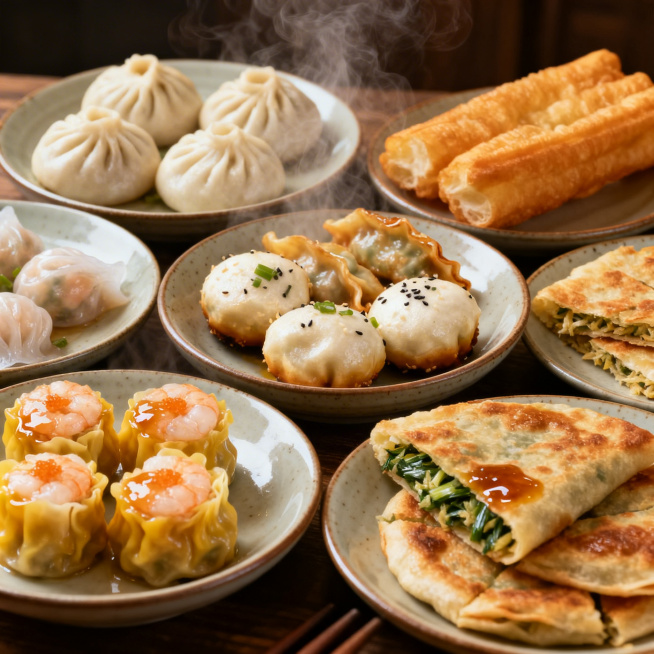 香喷喷的各式中式面点集合，包含小笼包、生煎、锅贴、虾饺、烧卖、油条、萝卜丝饼、韭菜盒子，面点热气腾腾色泽鲜亮，摆放在素雅的陶瓷餐盘里，暖调光线，充满烟火气和食欲感预览效果