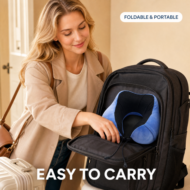 [Main Image 4] This U-shaped neck pillow is folded and placed in a travel backpack, showing its port预览效果
