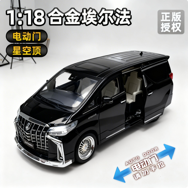 保持原有文字"1:18合金埃尔法" "正版授权" "电动门" "星空顶" "AUTO DOOR 电动门 请勿手拉"和主体黑色开门埃尔法汽车模型不变，换成全新的极简摄影风格预览效果