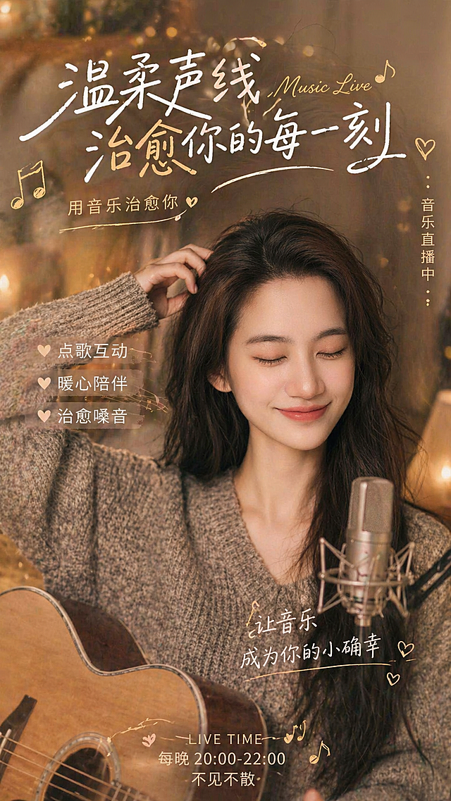基于参考人像，生成一张音乐相关的直播封面，保留人物主体，添加音乐元素，整体风格温馨治愈，适合音乐直播使用