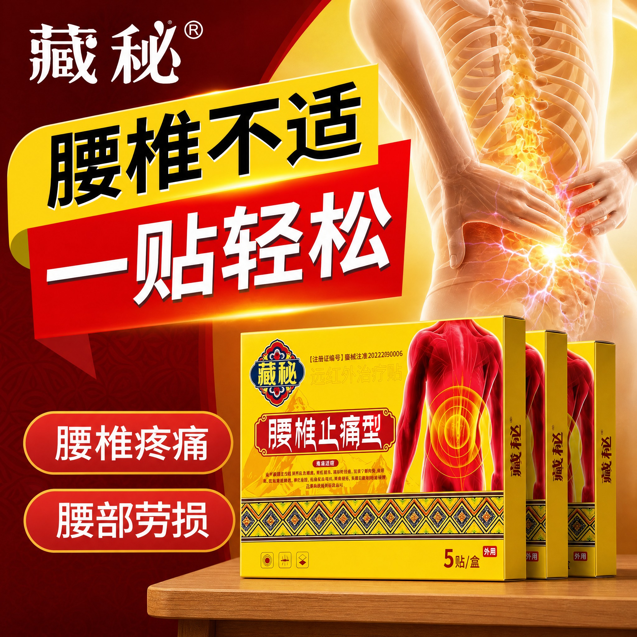 参考图1的版式骨架和构图结构，将产品替换为图2中的「藏秘腰椎止… - 图片创意预览