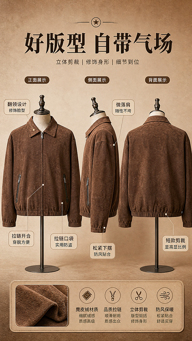 [商品] 使用【图1】焦糖棕色麂皮绒翻领夹克；商品处理：保留翻领、中央拉链、两侧拉链口袋、松紧下摆、长袖、微落肩和麂皮绒材质；自然去皱，增强绒面纹理、拉链五金和缝线质感，不改变版型、颜色和结构。
[画面] 目标为版型解析页，多角度展示廓形结构；左中右三栏构图，分别展示正面、侧面、背面三个角度的夹克（平铺/人台展示），用细线引线从关键部位引出标签，产品占画面约70%，背景为浅暖棕渐变+细腻绒面质感底。
[视觉] 套系策略：风格=复古美式高级商业摄影；标题字=复古衬线粗体；正文字=简洁无衬线体；主色=焦糖棕；背景延展=基于焦糖棕做深浅层级、同色渐变和细腻绒面/牛皮纸质感；强调色=奶油米白，仅用于小面积图标、引线和标签；标题色=深棕黑；正文色=暖中灰；组件=圆角浅棕信息卡、细线引线、复古标签；光影=右前侧暖柔光，带轻微胶片颗粒感。
[文字] 顶部居中主标题「好版型 自带气场」；引线标注6处：翻领设计（修饰脸型）、微落肩（随性不垮）、拉链开合（穿脱方便）、拉链口袋（实用防盗）、松紧下摆（防风贴合）、短款剪裁（显高显比例）；文字横排，字号保证手机端可读。
[规格] 图片比例9:16竖版，2K分辨率，避免变形、错字、文字过小、冷蓝/蓝灰背景、衣服颜色改变、版型失真、白底孤立。